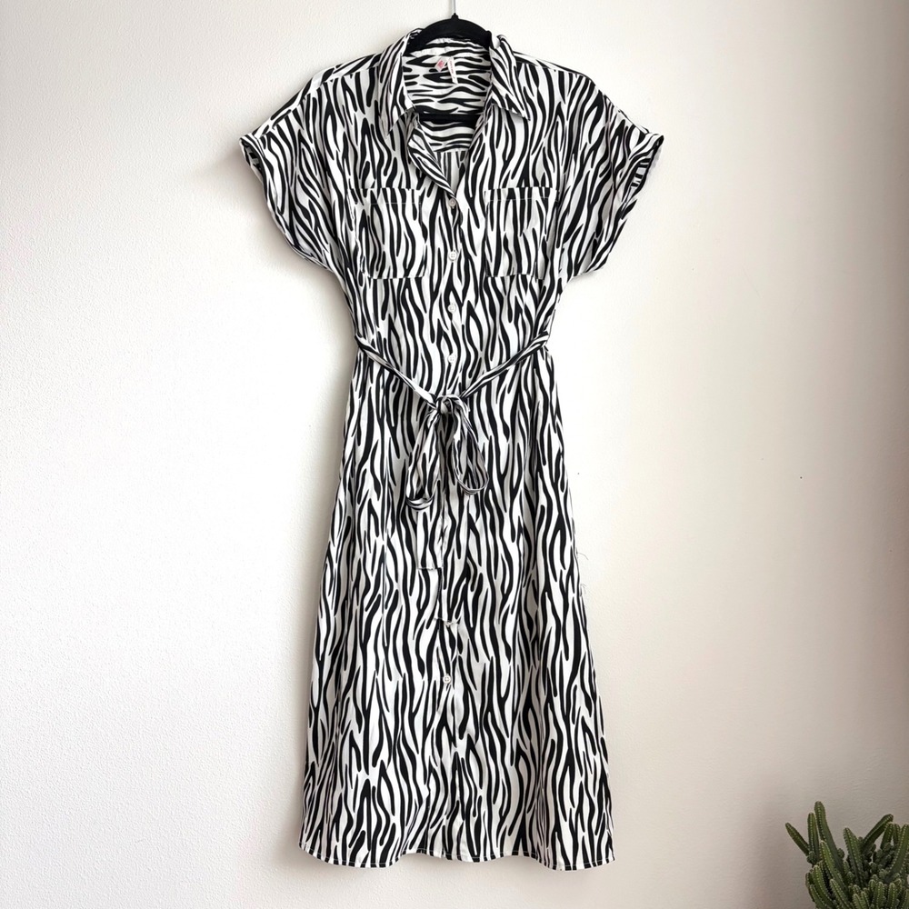 True Destiny Zebra Print Shirt Dress Black White Midi Belted Pockets Size Medium